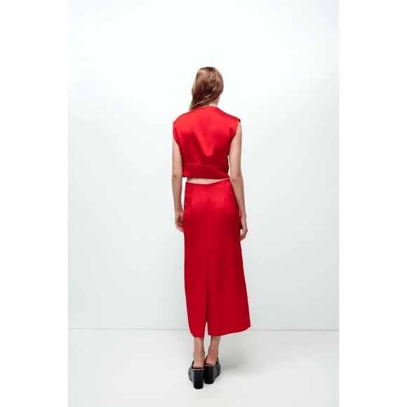 NWOT Zara red satin-effect linen blend plunge neckline sleeveless crop top, XS - Picture 4 of 13